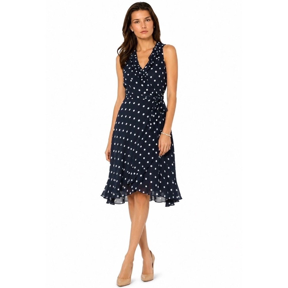 Lauren Ralph Lauren Wrap Dress Womens 10 Blue Silk Polka Dot Ruffle Midi Preppy